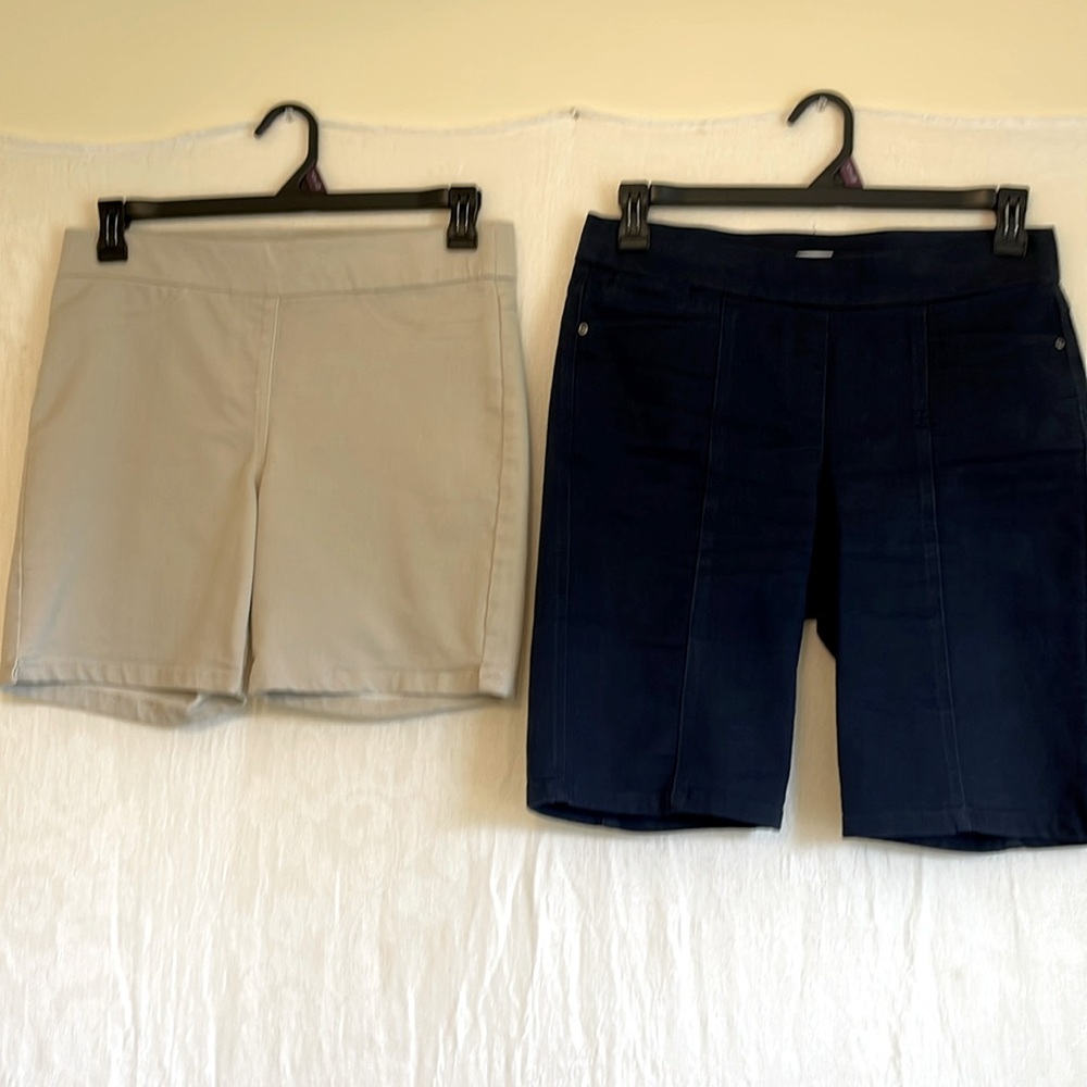 2pk Kim Roger’s pull on shorts, sz 8, bl used/pockets, Tan new/no pockets